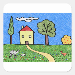 Drawing house in the country square sticker