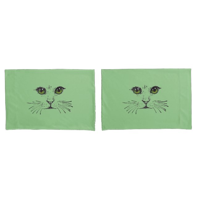 Drawing in Black of a Cat Face Bright Green Eyes Pillowcase (Front-Set)