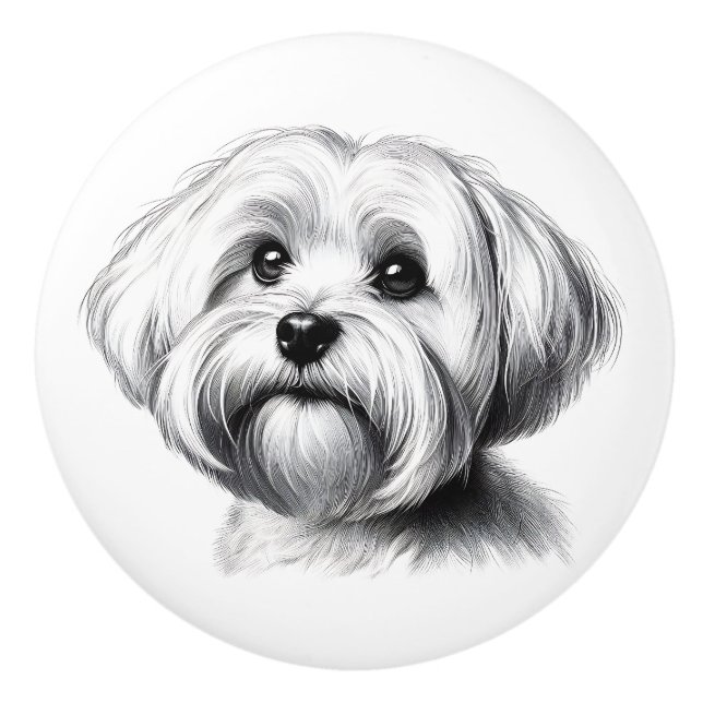 Drawing Maltese Dog Ceramic Knob (Front)