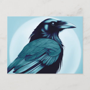 Drawing of a black raven on light blue postcard