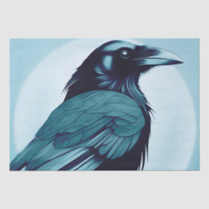 Drawing of a black raven on light blue tissue paper