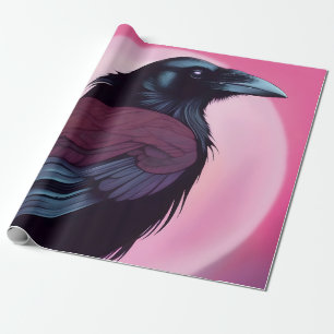 Drawing of a black raven on neon pink wrapping paper