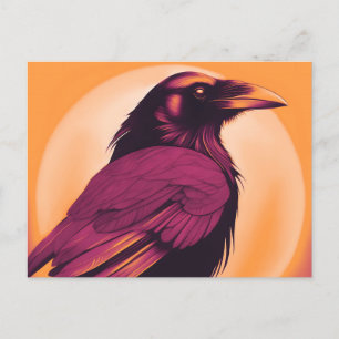 Drawing of a black raven on yellow orange postcard