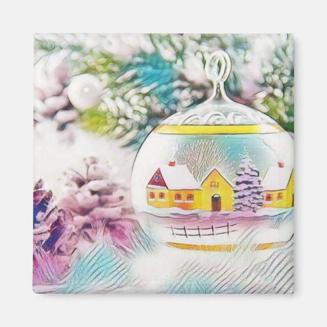 Drawing of a Christmas tree branch with decoration Magnet (Front)