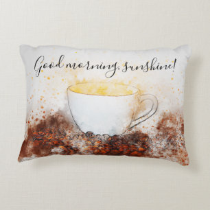 Drawing of a Hot Cup of Coffee Among Coffee Beans Accent Pillow