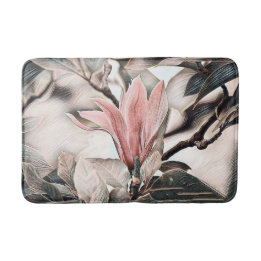 Drawing of a pink magnolia flower branch bath mat
