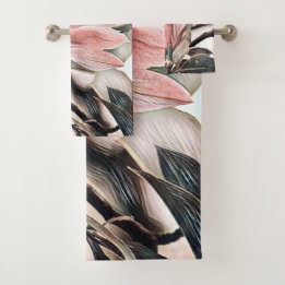 Drawing of a pink magnolia flower branch bath towe bath towel set