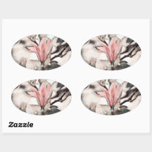 Drawing of a pink magnolia flower branch oval stic