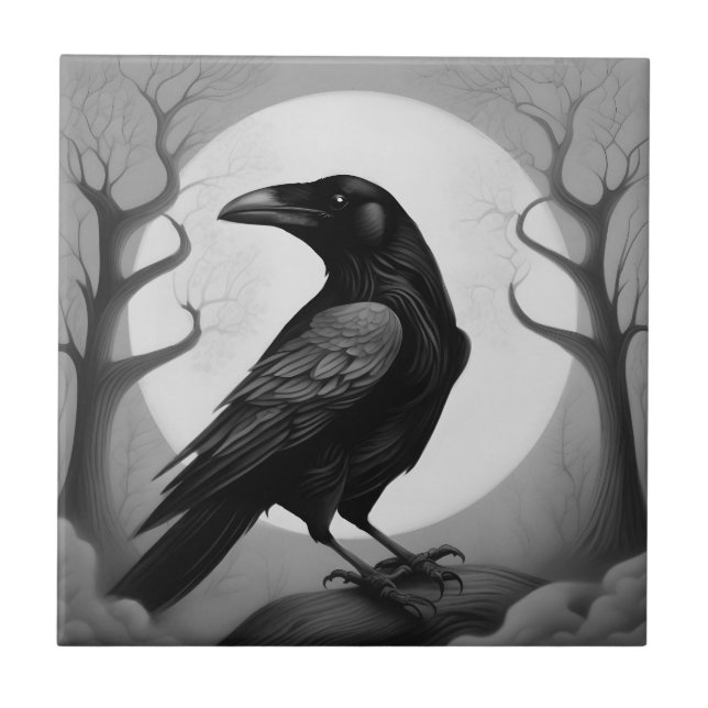 Drawing of a raven on black and white background tile (Front)