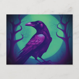 Drawing of a raven on bright green blue background postcard