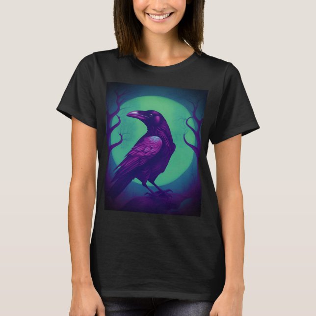 Drawing of a raven on bright green blue background T-Shirt (Front)