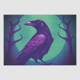 Drawing of a raven on bright green blue background tissue paper