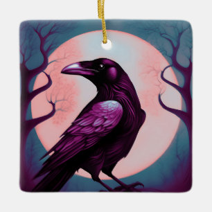 Drawing of a raven on grey blue background ceramic ornament