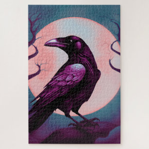 Drawing of a raven on grey blue background jigsaw puzzle