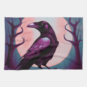 Drawing of a raven on grey blue background kitchen towel
