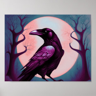 Drawing of a raven on grey blue background poster