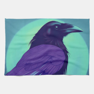 Drawing of a raven on neon blue background kitchen towel
