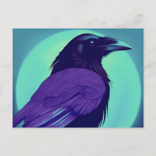 Drawing of a raven on neon blue background postcard