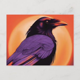 Drawing of a raven on neon orange background postcard