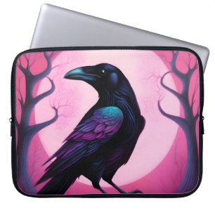 Drawing of a raven on neon pink background laptop sleeve