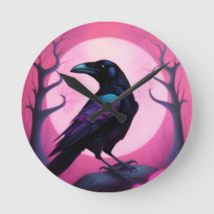 Drawing of a raven on neon pink background round clock