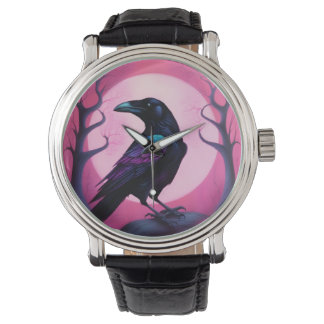 Drawing of a raven on neon pink background watch
