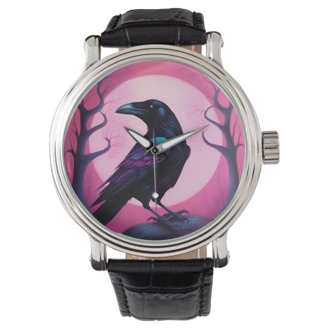Drawing of a raven on neon pink background watch (Front)