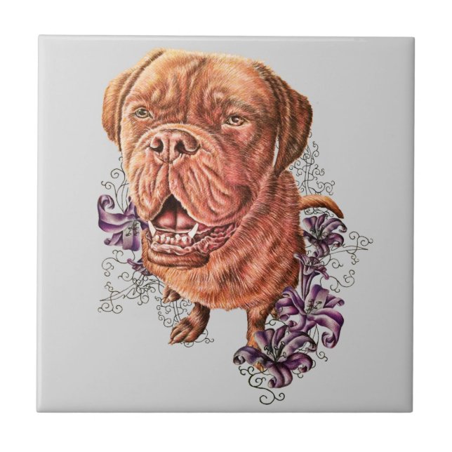 Drawing of Brown Mastiff Dog Art and Lilies Tile (Front)
