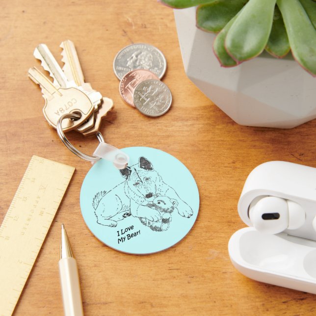 drawing of cute akita cuddling teddy bear keychain (Desk)