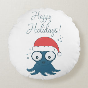 drawing of cute cartoon blue octopus  round pillow
