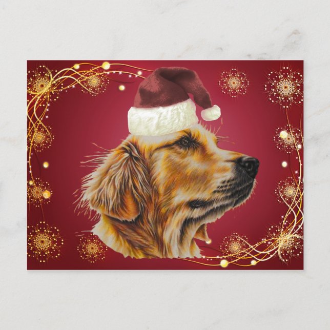 Drawing of Golden Retriever with Santa Hat Holiday Postcard (Front)