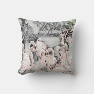 Drawing of Pink and White Flamingos in the Water Throw Pillow