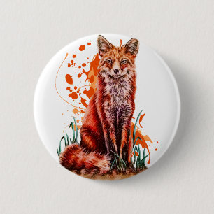 Drawing of Red Fox Animal Art and Orange Paint 2 Inch Round Button