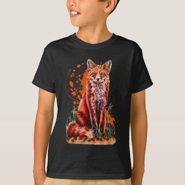Drawing of Red Fox Animal Art and Orange Paint T-Shirt (Front)