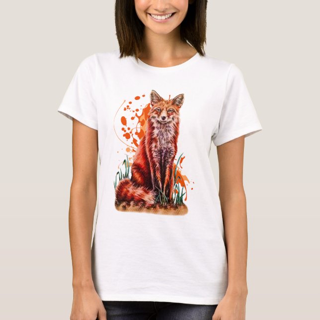 Drawing of Red Fox Animal Art and Orange Paint T-Shirt (Front)