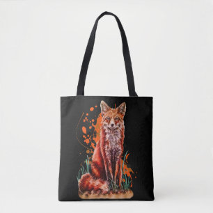 Drawing of Red Fox Animal Art and Orange Paint Tote Bag