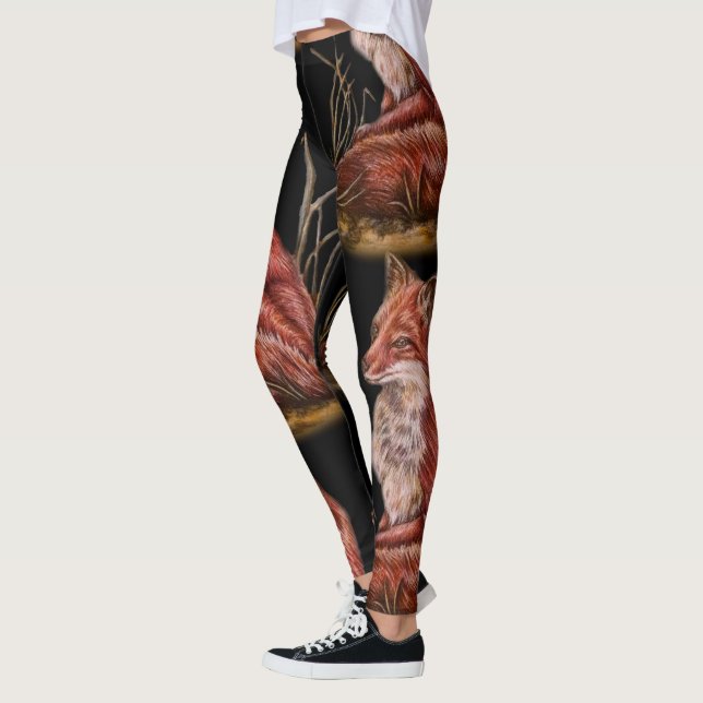 Drawing of Red Fox Animal Art Leggings (Left)