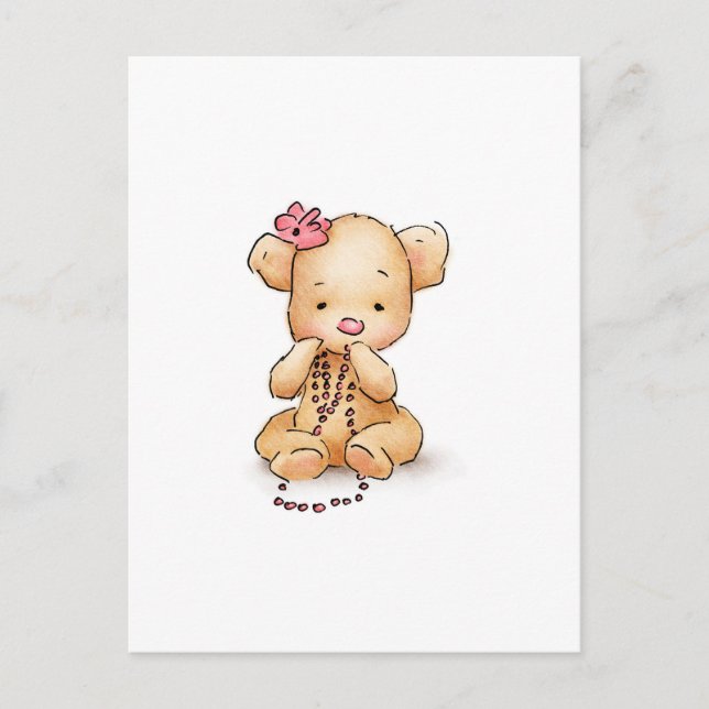 Drawing of Teddy Bear with Pink Beads Postcard (Front)
