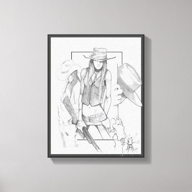 drawing of two cowboys & a cowgirl canvas print (Front)
