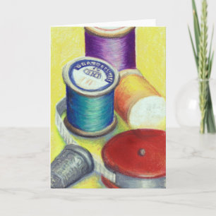 Drawing of Wooden Spools for Quilters - Greeting C Card
