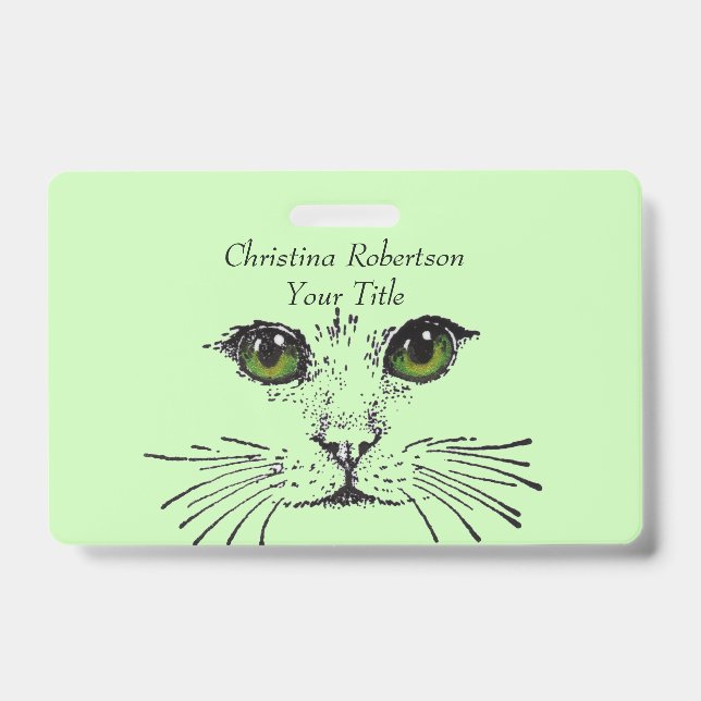 Drawing Pretty Cat Face Bright Eyes Light Green Badge (Front)
