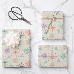 Drawing Snowflakes Christmas Trees Multicolor Snow Wrapping Paper Sheet