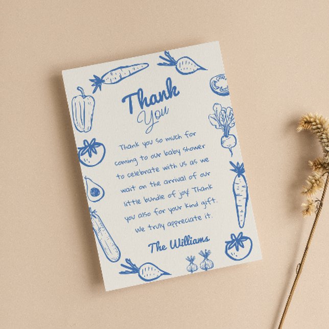 Drawn Blue Locally Grown Vegetables Baby Shower Thank You Card (Creator Uploaded)