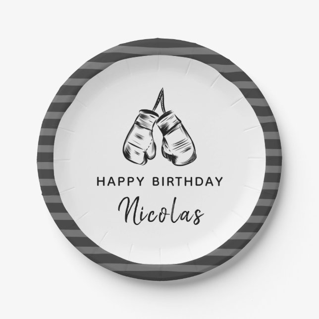 Drawn Boxing Gloves Design Striped Birthday Party  Paper Plate (Front)