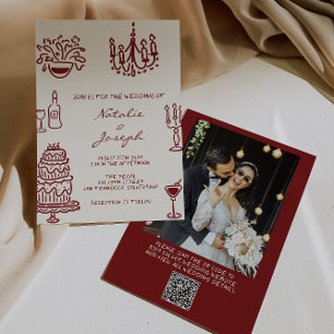 Drawn Burgundy Whimsical Photo QR Code Wedding Invitation
