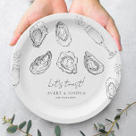 Drawn Champagne & Oysters Roast Engagement Party Paper Plate<br><div class="desc">Celebrate your engagement with these elegant paper plates,  featuring drawn champagne,  oysters and editable details. Easily add your own details by clicking on the "personalize" option.</div>