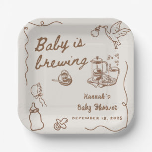 Drawn Coffee Baby is Brewing Baby Shower Paper Plate