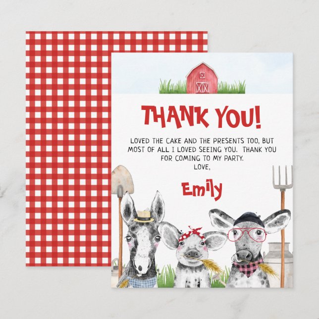 Drawn Farm Animals Birthday Thank You Card (Front/Back)