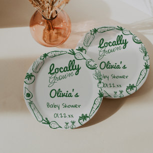 Drawn Green Locally Grown Vegetables Baby Shower Paper Plate