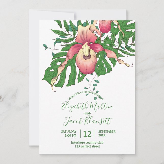 Drawn Pink and Yellow Lady Slipper Orchid Wedding Invitation (Front)